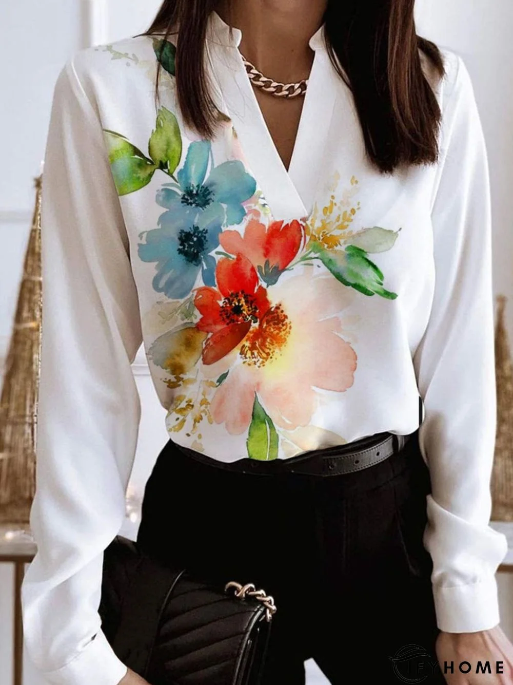Casual Floral Long Sleeve V Neck Printed Top | IFYHOME