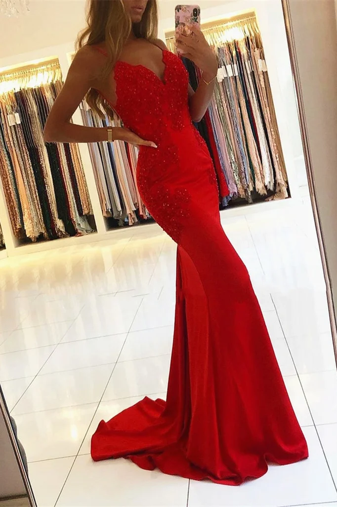 Daisda Mermaid Red Spaghetti-Straps Prom Dress With Appliques