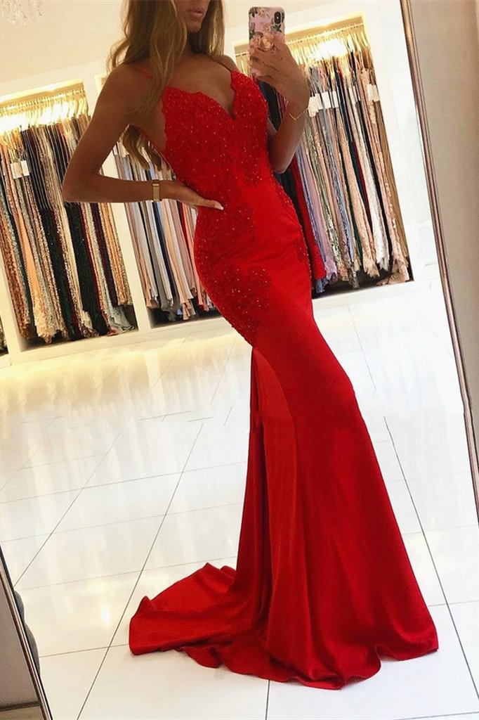 Red Spaghetti-Straps Prom Dress Mermaid With Appliques | Ballbellas Ballbellas