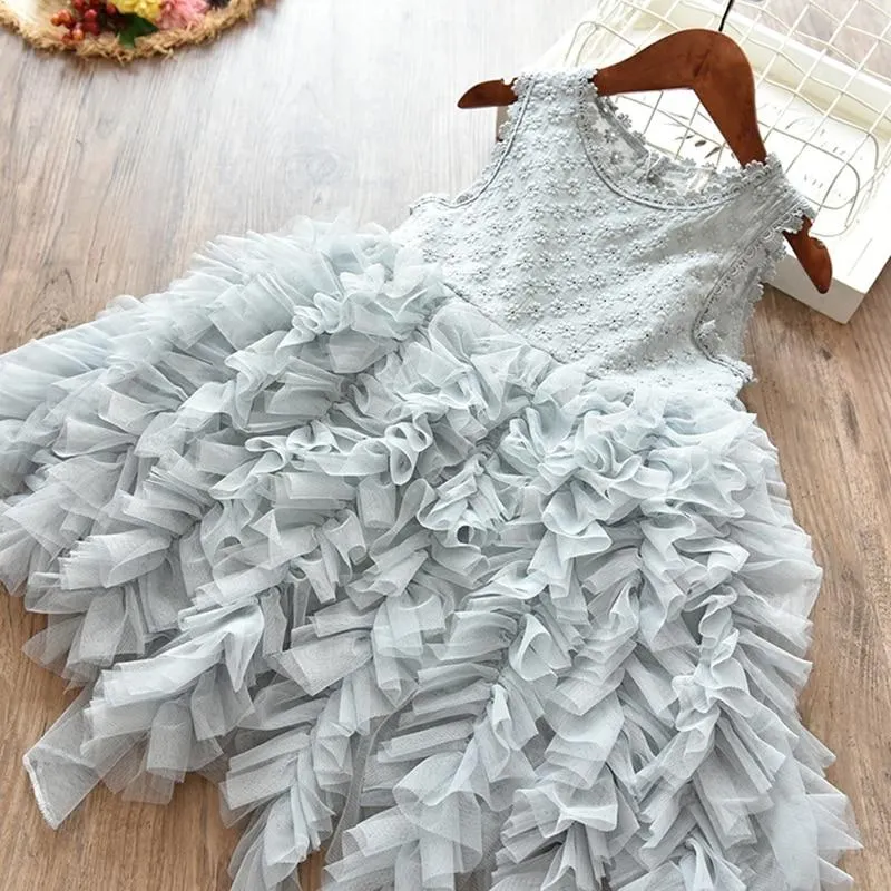 Girls Flower Mesh Princess Dress Summer Sleeveless Kids Fluffy Cake Layered Wedding Birthday Party Ball Gown Children's Clothes