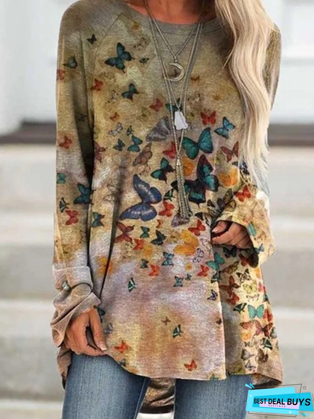 Deep Khaki Casual Long Sleeve Printed Tunic Top