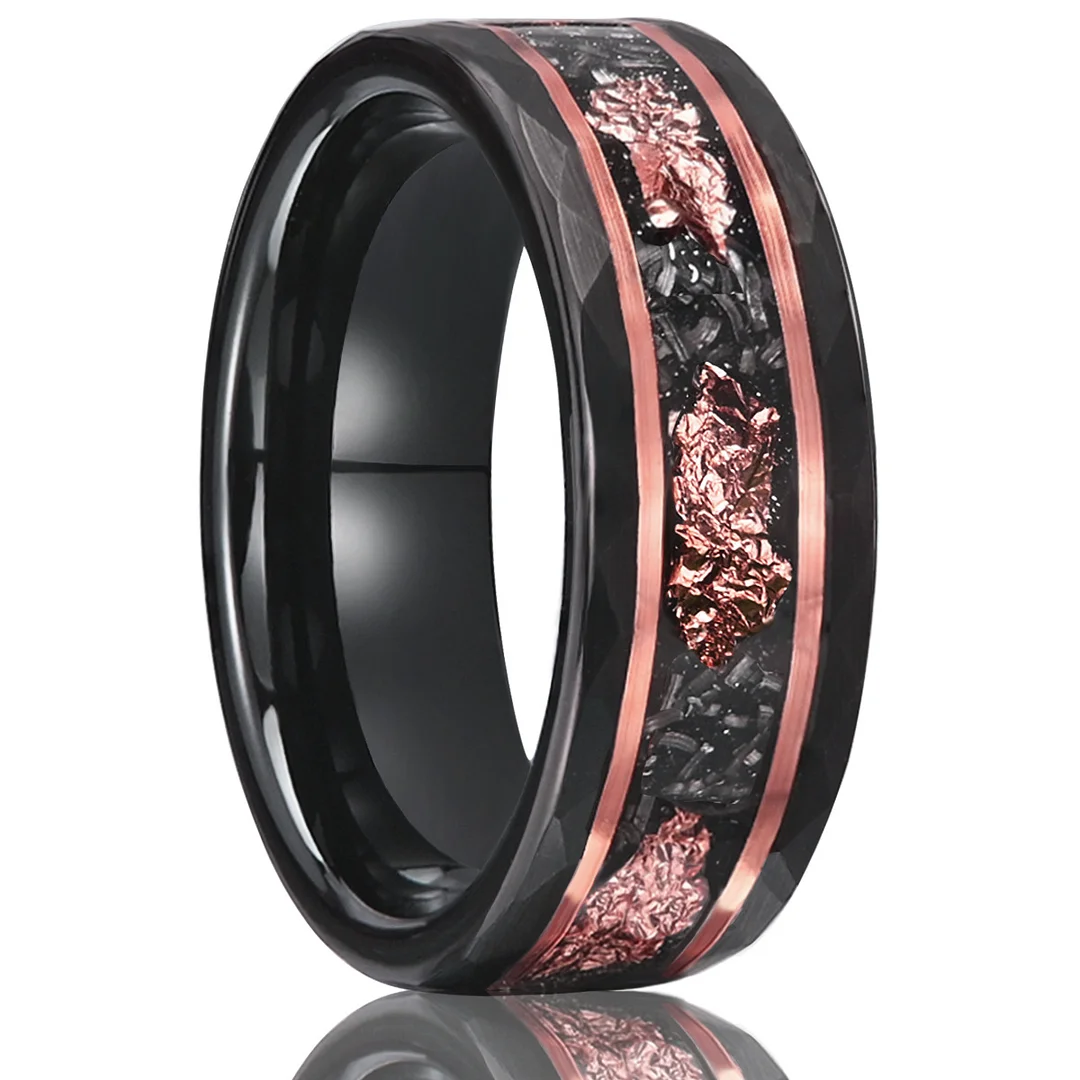 8MM Black Electro-black Hammered Tungsten Carbide Rings Imitation Meteorite Rose Foil Setting Tungsten Wedding Bands For Women and Men