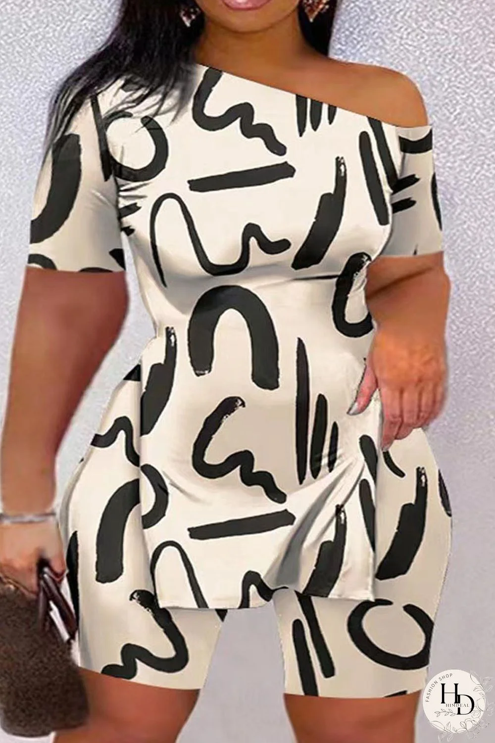 Black Red Casual Print Patchwork Slit Oblique Collar Plus Size Two Pieces