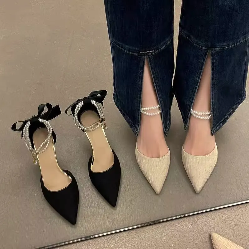Breakj Breakj Word With High Heels Women 2025 Spring And Summer New Pointed Thin Heel Bow Head Hollow Sandals