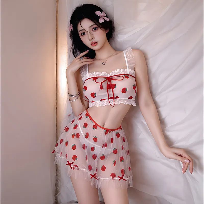 Churchf Eat Strawberries!Night Vow Pure Lingerie Perspective Chiffon Sweet Maid Thin Sling Suit Couple Underwear