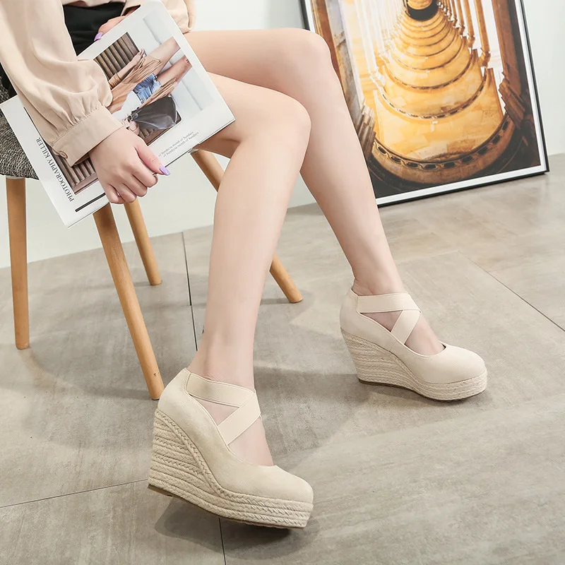 Wongn Wongn Slope Heel 2023 New Spring And Autumn Round Head Fashion Thick Sole High Heel Cross Belt Single Shoe Straw