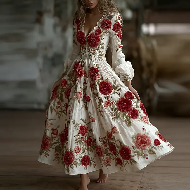 Bohemian Style Red Rose Retro Cotton And Linen Woman's V-neck Dress