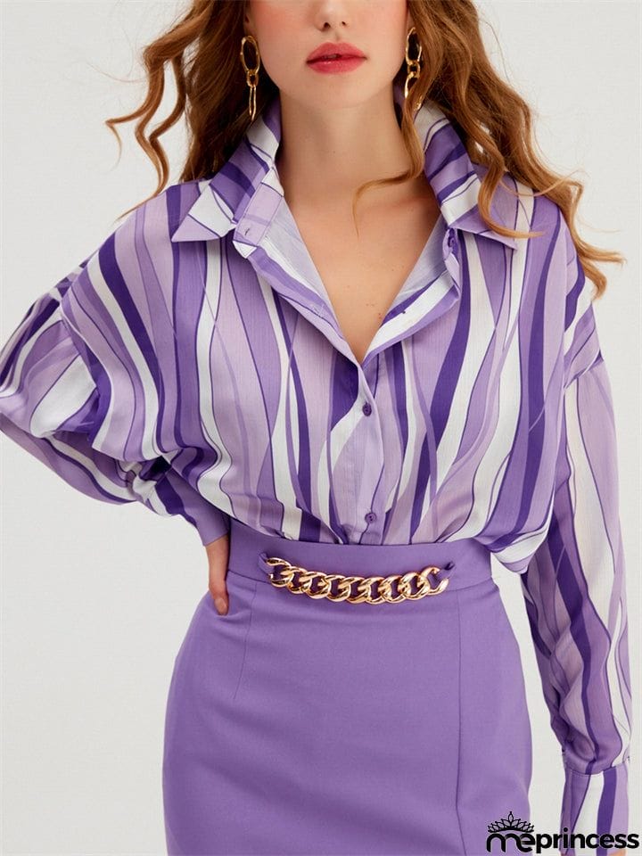 Comfort Button Down Striped Blouses for Office Lady