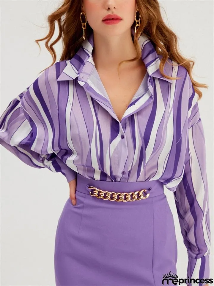 Comfort Button Down Striped Blouses for Office Lady