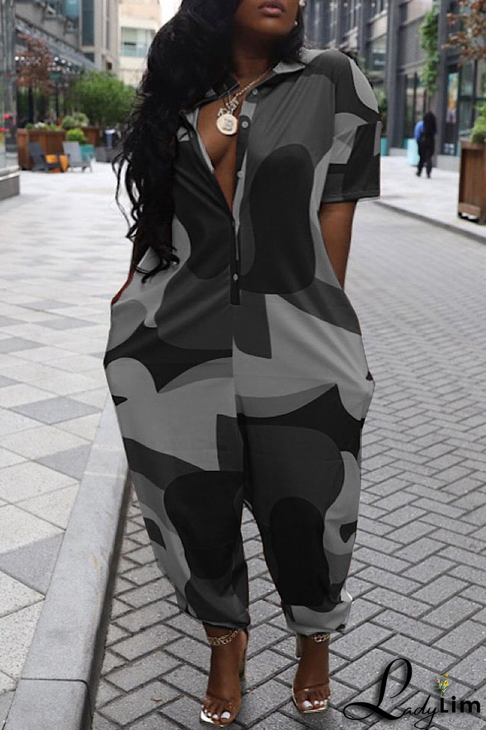 Green Casual Street Print Patchwork Zipper Collar Loose Jumpsuits