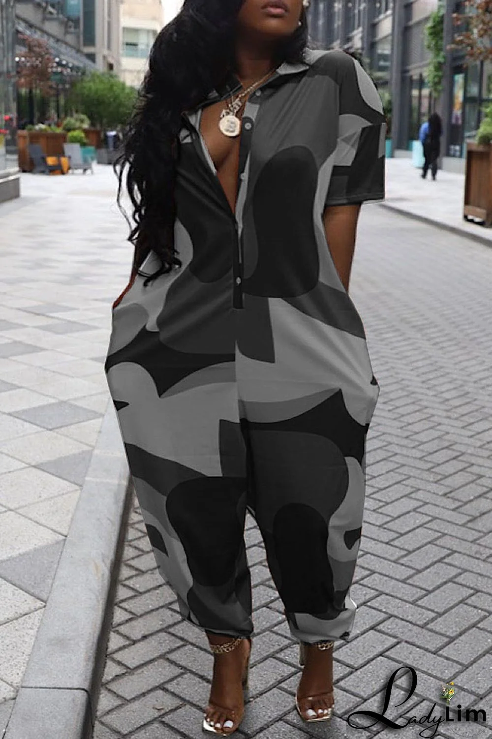 Green Casual Street Print Patchwork Zipper Collar Loose Jumpsuits