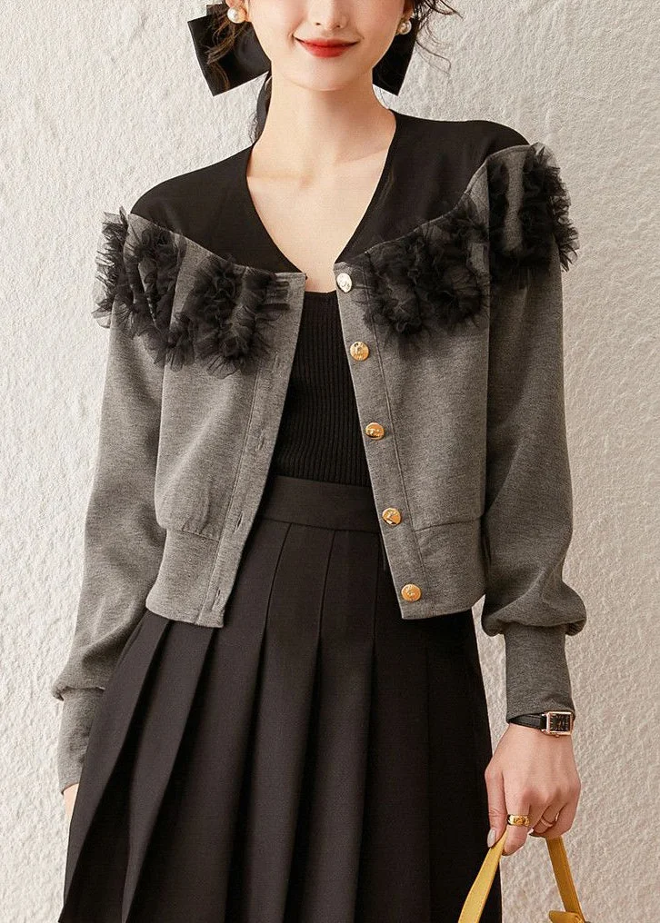 New Grey Button Tulle Patchwork Cotton Coat Spring