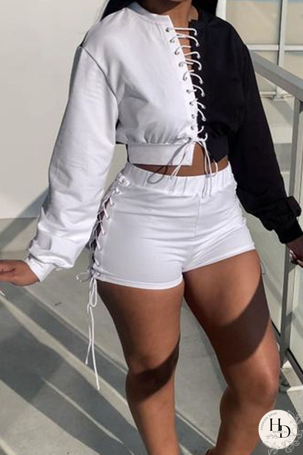 Black Sportswear Print Hollowed Out Split Joint Frenulum O Neck Long Sleeve Two Pieces