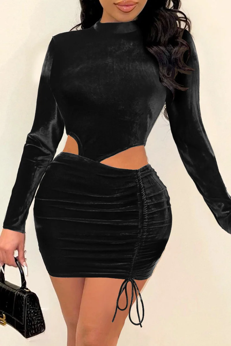 Fashion Sexy Solid Hollowed Out Draw String Half A Turtleneck Long Sleeve Dresses