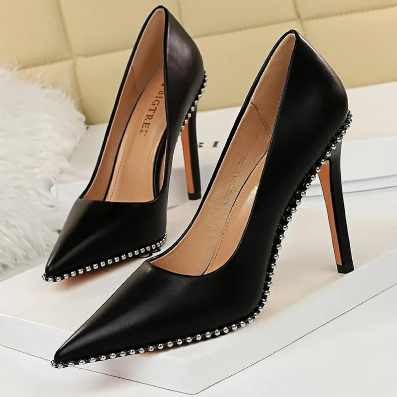 BIGTREE Shoes Black Heels Metal Beads Woman Pumps Suede High Heels Stiletto Wedding Shoes Women Heels Female Plus Size 41 42 43