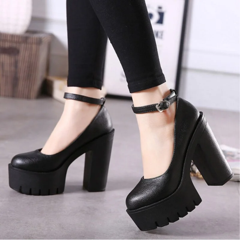 Qengg New Women's High Heels Fashion Round Toe Chunky Heel Mary Jane Shoes Platform Waterproof Buckle Casual Shoes Sapato Salto Alto