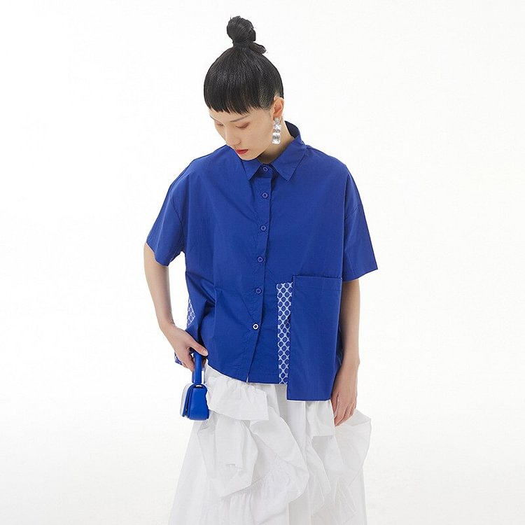 Stylish Turn-down Collar Dots Printed Patchwork Pocket Short Sleeve Shirt      