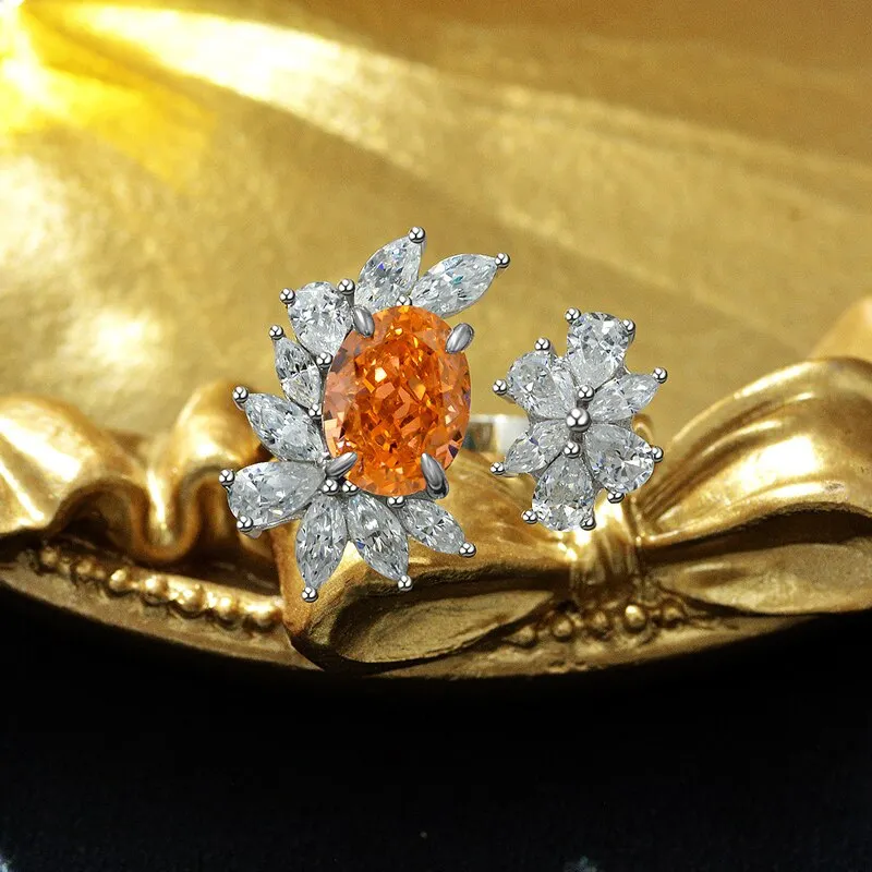 100% 925 Sterling Silver 7*9mm Oval Padma Aquamarine Yellow High Carbon Diamond Flower Rings For Women Party Fine Jewelry