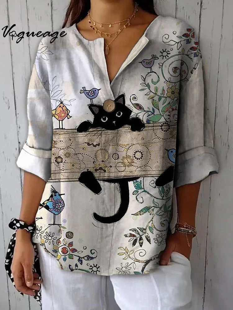 Cute And Funny Cats Birds And Plants Printed Cotton And Linen Shirt