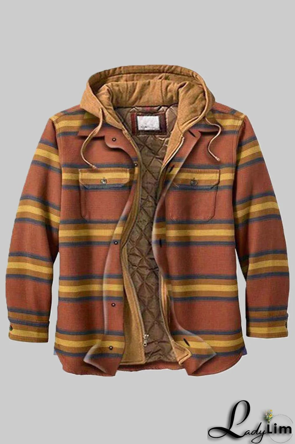 Yellow Brown Fashion Casual Plaid Split Joint Hooded Collar Outerwear