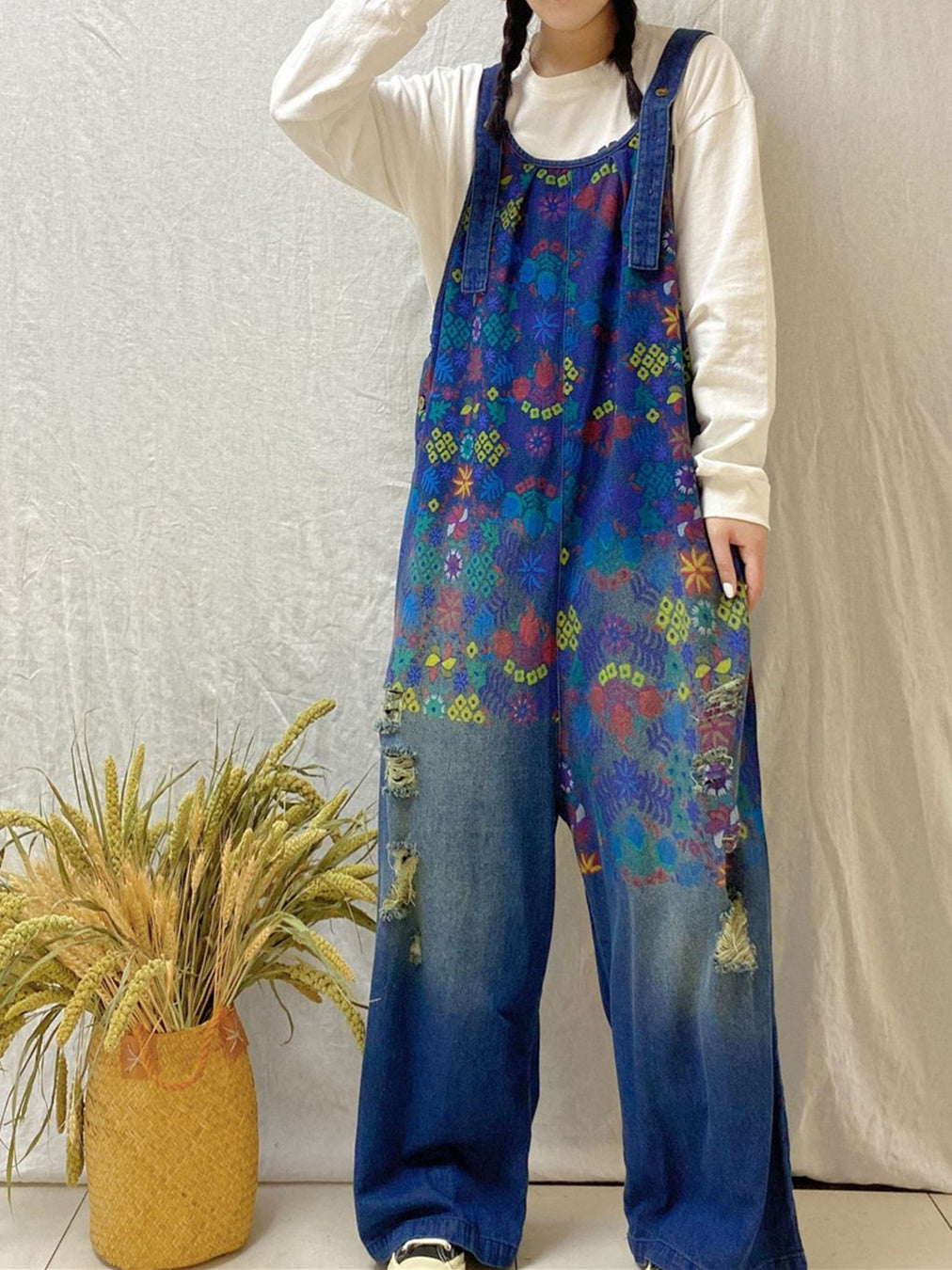 Women's Floral Printed Casual Retro Cropped Workwear Denim Overalls Jumpsuit