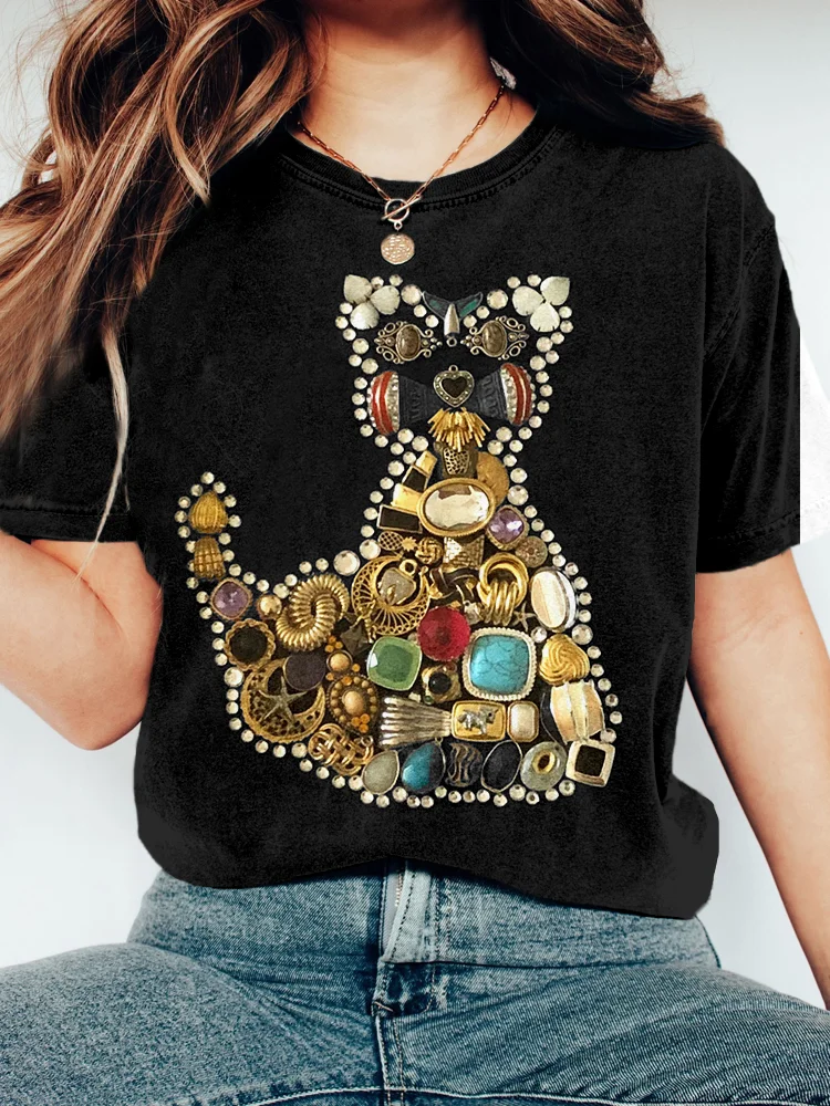 Comstylish Vintage Jeweled Cat Art Crew Neck Cozy T Shirt