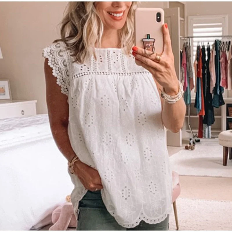 White Lace Sleeveless Ruffles Solid Women Blouse Hollow Out O-neck Ladies Blouses 2021 Summer Elegant Loose Casual Female Tops