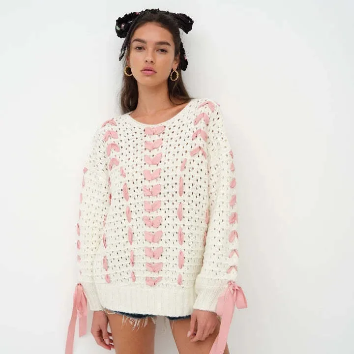 Toloer White Knit Pink Ribbon Lace Up Sweater-Outfit Ideas