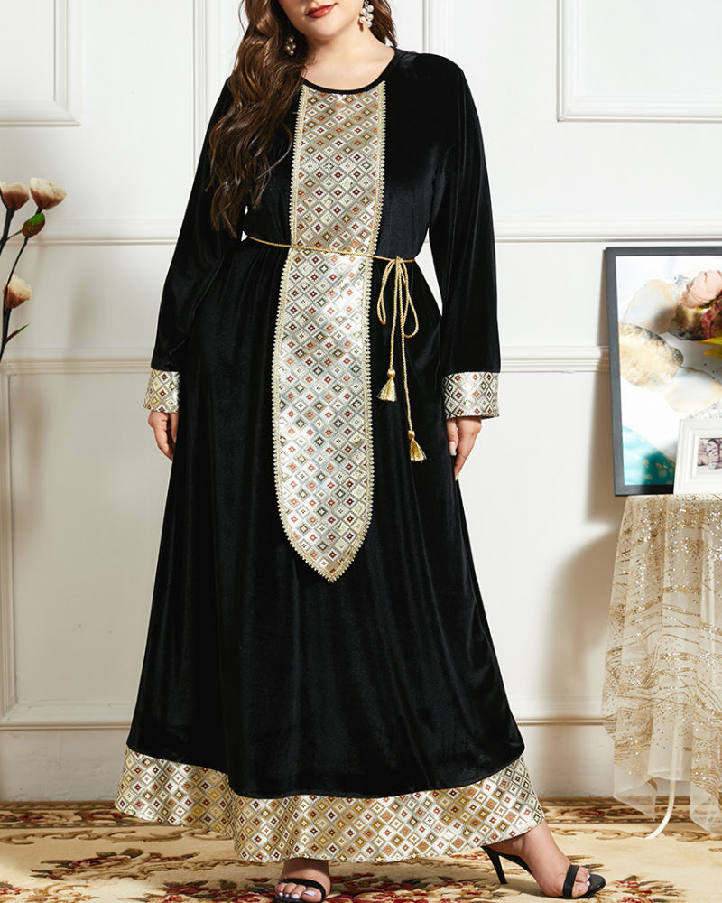 Elegant Gold Jacquard Velvet Long Dress with Ethnic Embroidery