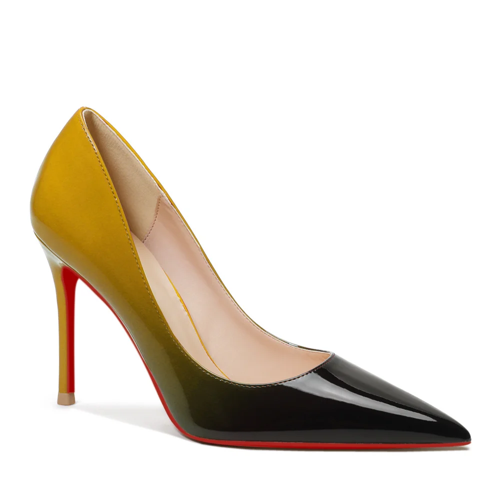 100mm Women's Red Bottom Pointed Toe Gradient High Heels Party Daily Wedding Patent Pumps-MERUMOTE