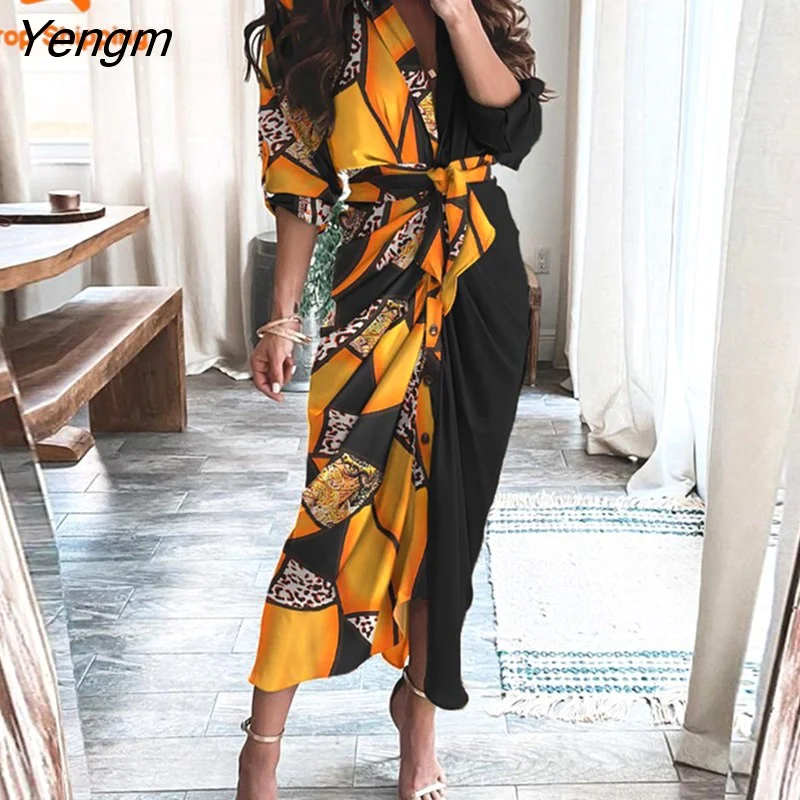 Yengm Spring 2023 New Women's Printed Lapel Single-breasted Lace-up Pleated Waist Waist Mid-length Dress Summer Dresses Womens