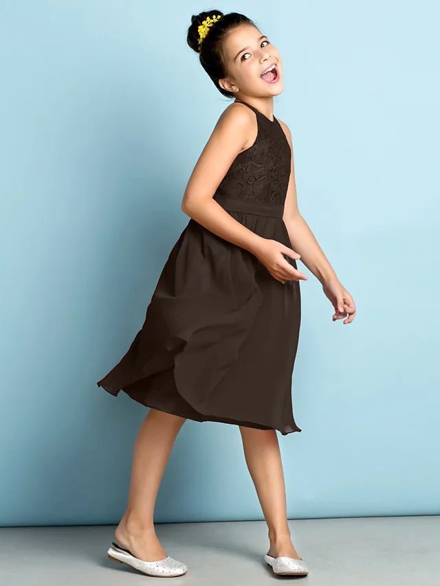 Daisda A-Line Jewel Neck Knee Length  Flower Girl Dress With Lace 