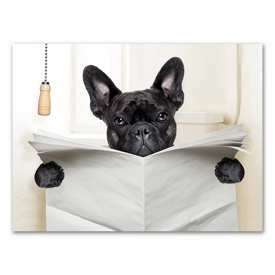 Dog Reading Newspaper Toilet Wall Art Canvas  Prints Funny Dog Painting Wall Picture Home Bathroom Decor Dogs Lover Gift