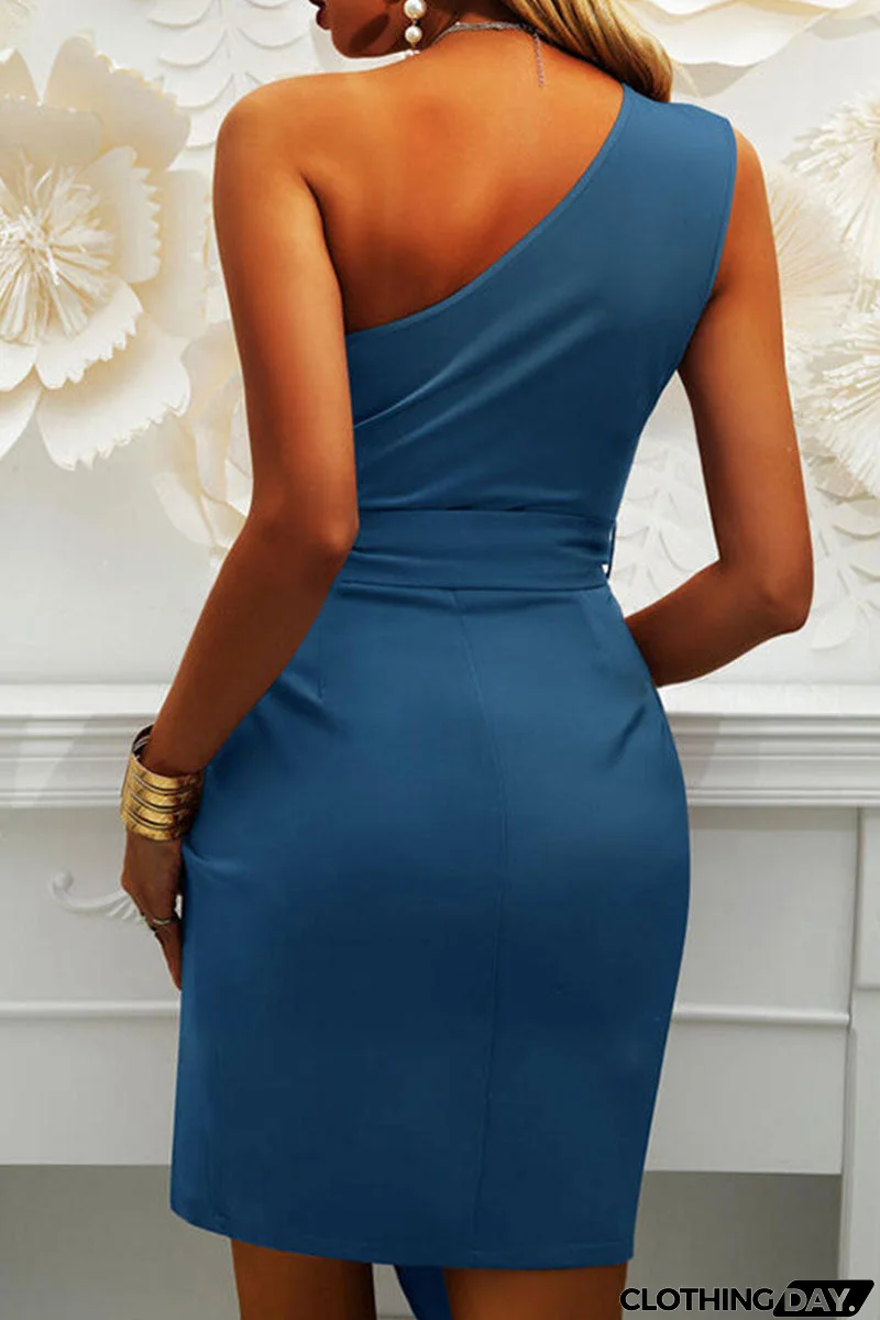 Fashion British Style Solid Split Joint One Shoulder Irregular Dresses(5 colors)