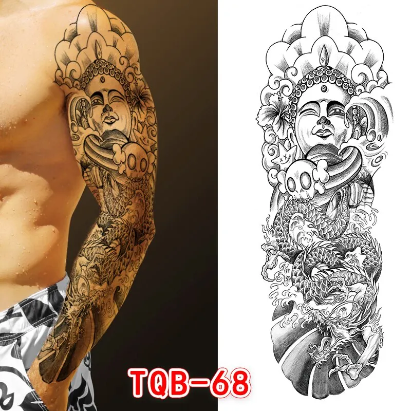 Sdrawing Men Temporary Tattoos Large Arm Sleeve Tattoo Sticker Dragon Tiger Fish Full Skull Totem Wolf Waterproof Fake Tattoo for Women