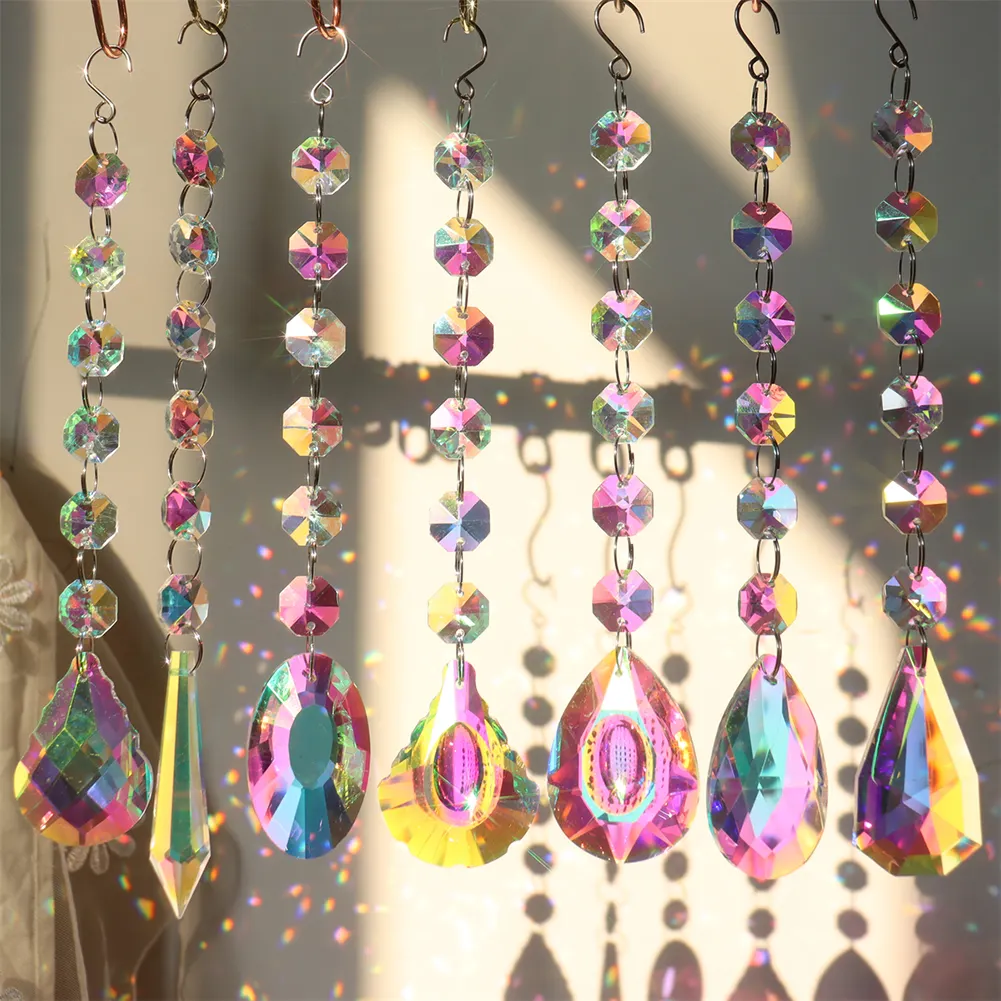 Crystal Wind Chimes Ornament AB Color Beads Hanging Pendant Decor (7pcs)