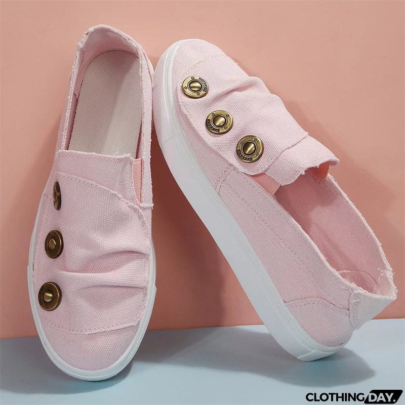Pleated Metal Buckle Canvas Flat Loafers for Women