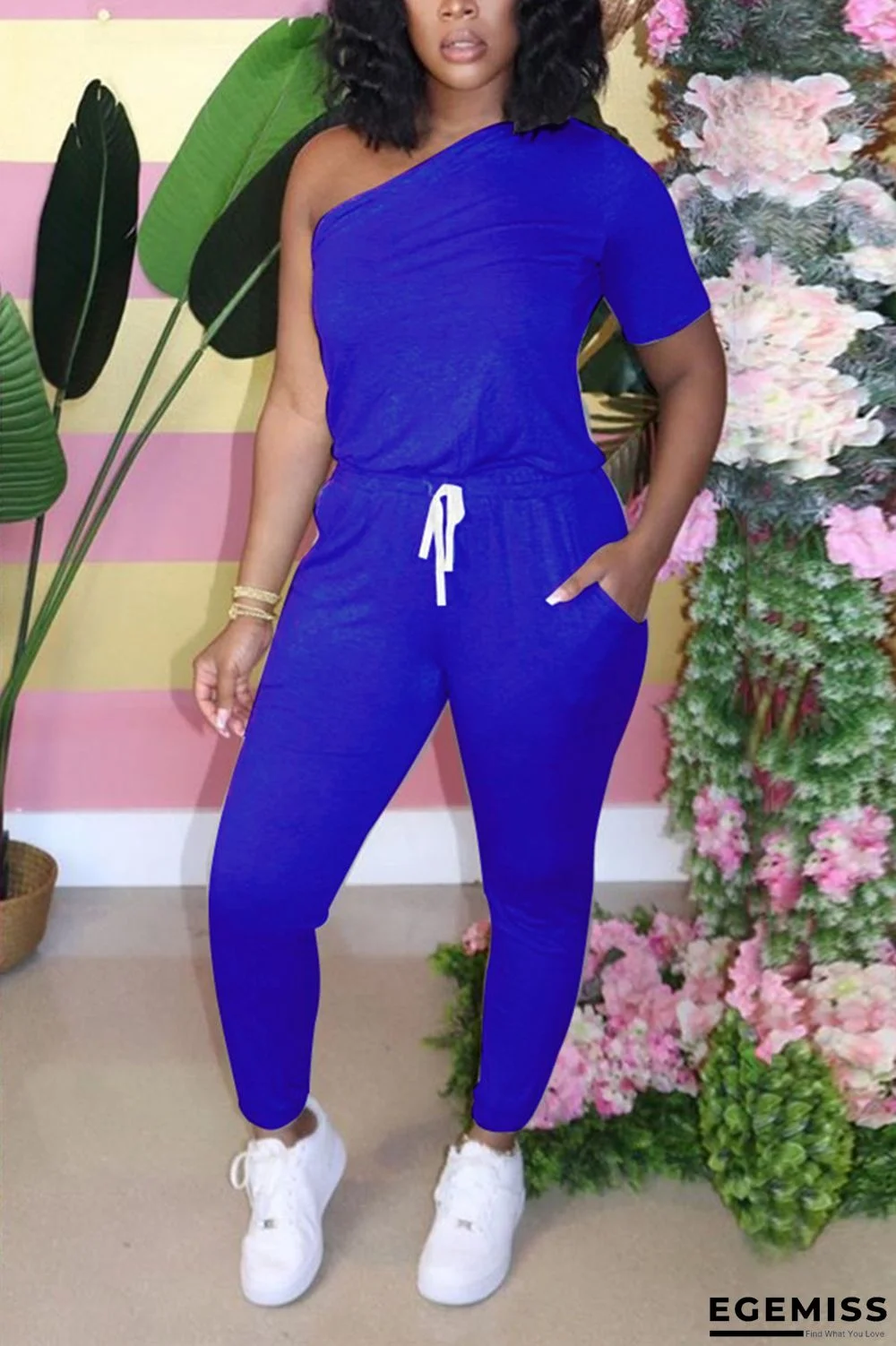 Blue Fashion Sexy Fitted One Shoulder Short Sleeve Jumpsuit | EGEMISS