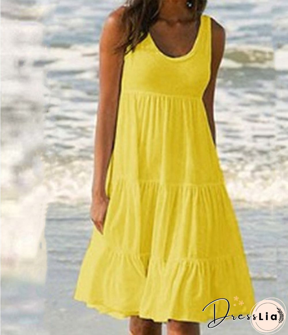 Summer Dresses Plus Size Fashion Clothes Women's Casual Tank Tops Party Beach Wear Loose Dresses Solid Color A-line Skirt Cotton Round Neck Off Shoulder Dress Ladies Pleated Halter Mini Dress Sleeveless Dresses