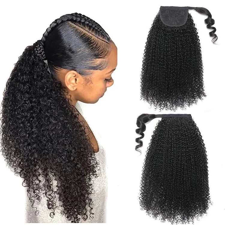 Afro Kinky Curl High Ponytail with Weave Wrap Around Clip in Hair Extensions Short Curly Ponytail