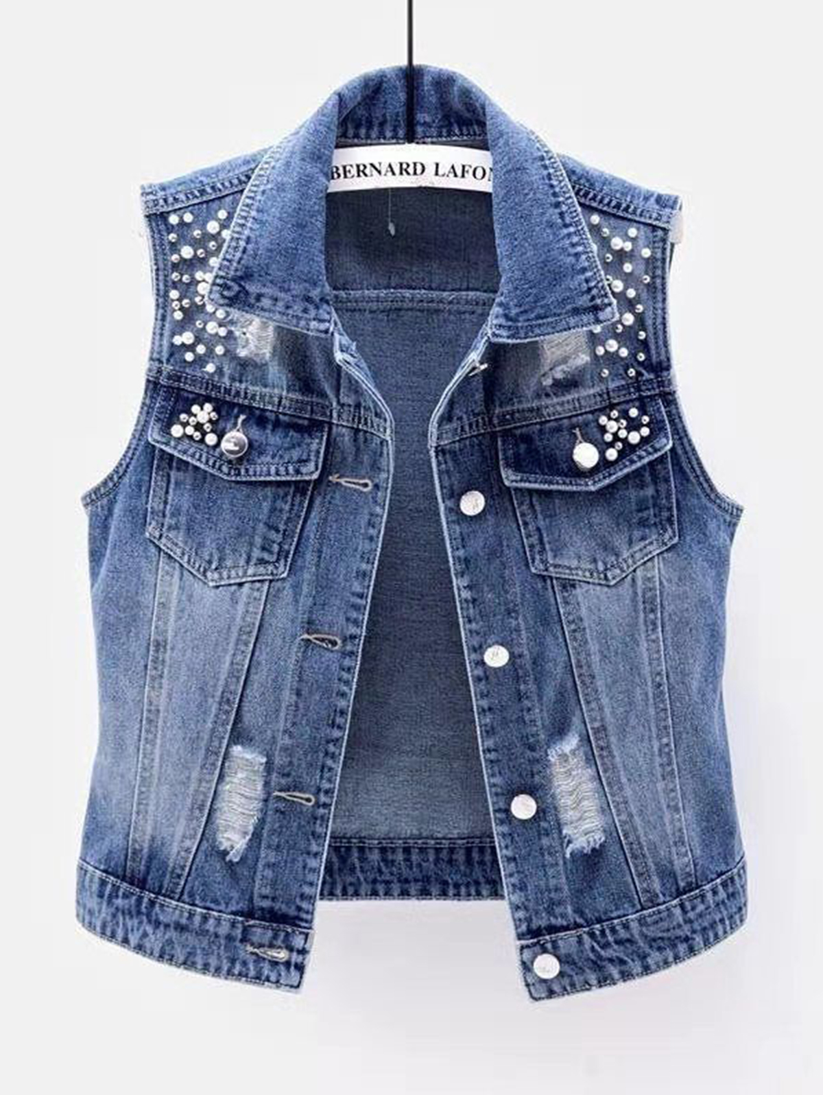 Casual Washed Denim Ripped Beaded Turndown Collar Button Vest