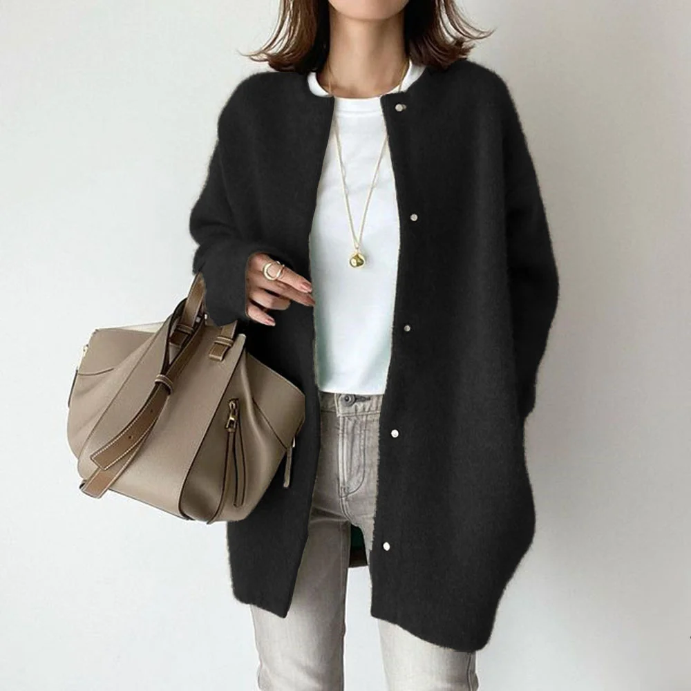 Retro Solid Color Loose Button Pocket Knitted Cardigan