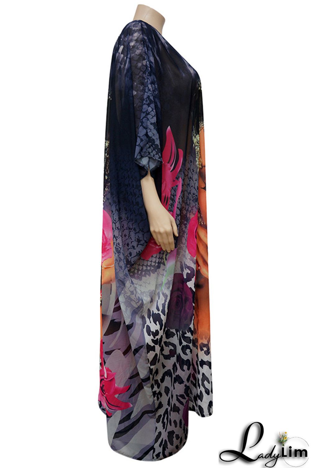 Rose Red Fashion Casual Print Basic O Neck Long Sleeve Plus Size Dresses