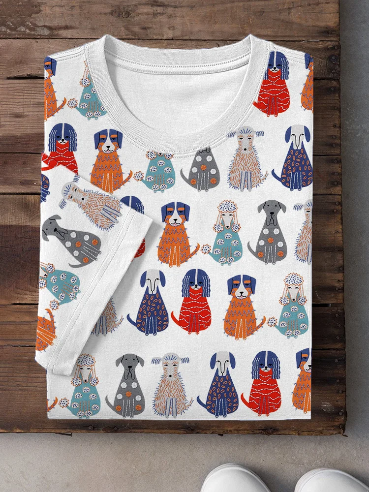 Funny Dogs Embroidery Pattern Short Sleeve T-Shirt