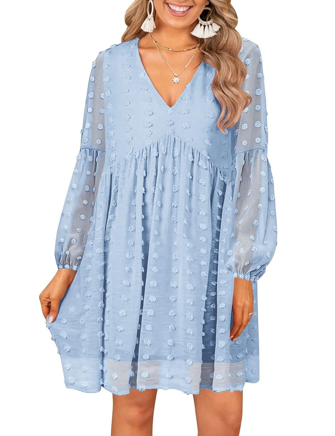 MIHOLL Women's V Neck Short Sleeve Ruffle Loose Summer Flowy Mini Dress