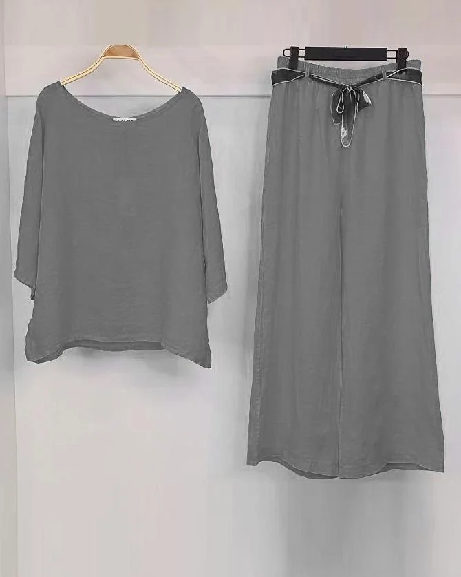 Solid Color O-Neck Three-Quarter Sleeve Two-Piece
