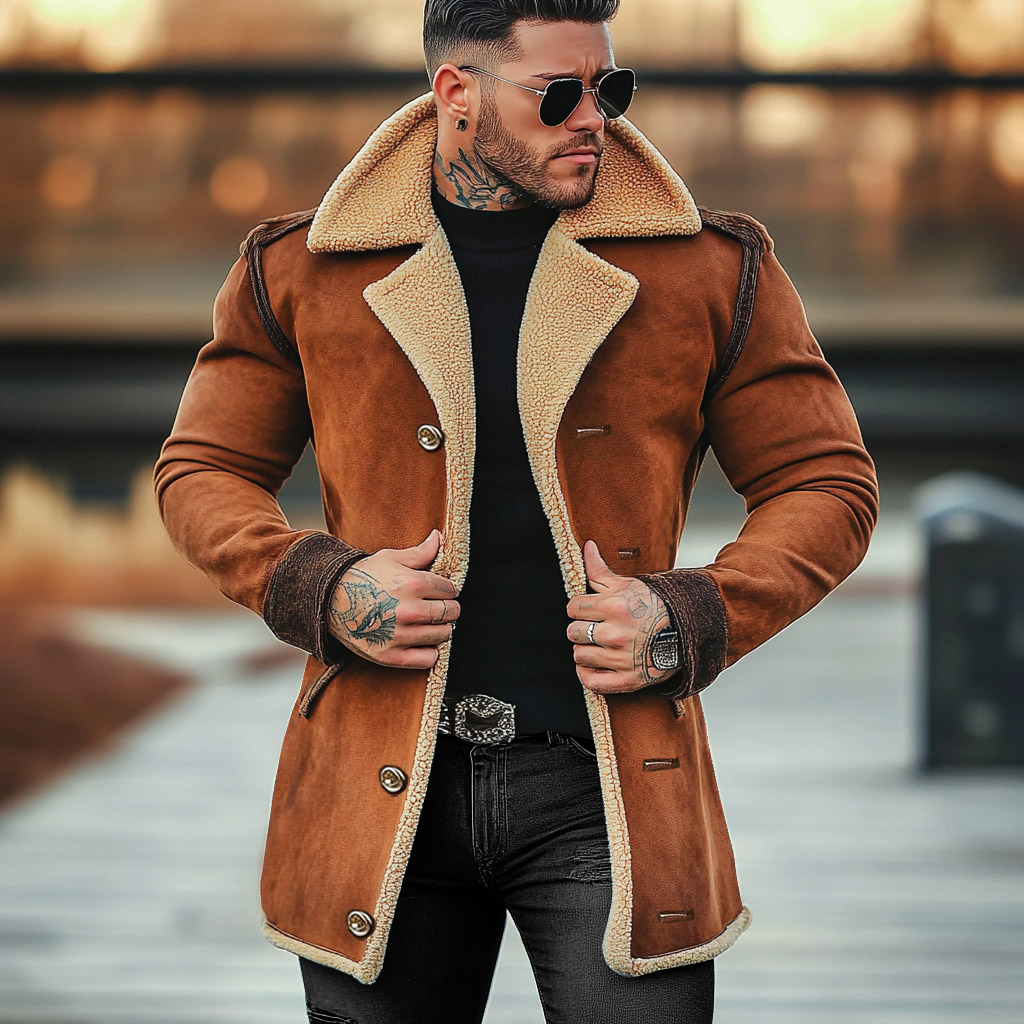 Men's Vintage Suede Shearling Fleece Wool Fur Lapel Collar Mid-Length Coat Sherpa Lined Jacket