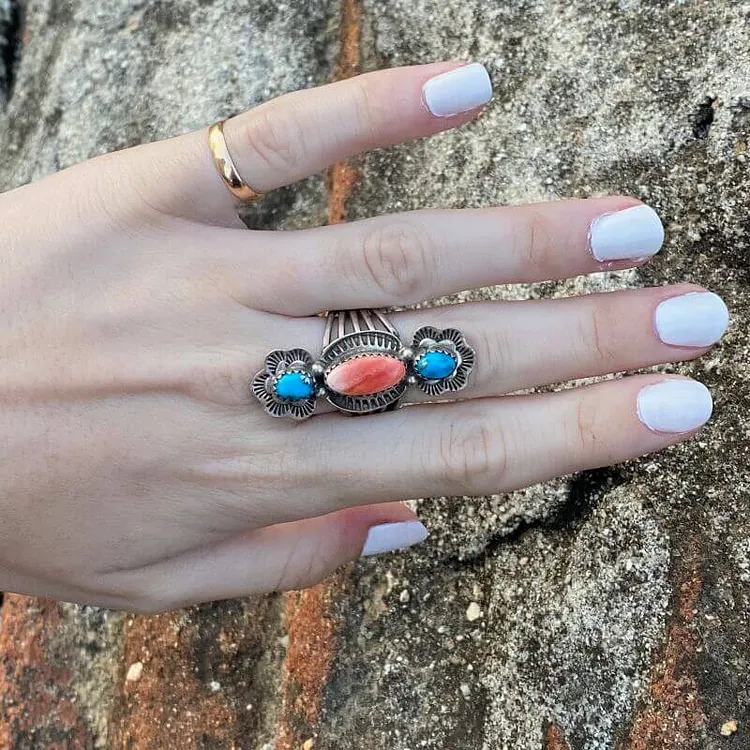 Richard Begay Navajo Stoplight Ring with Turquoise and Spiny O.yster Size 8