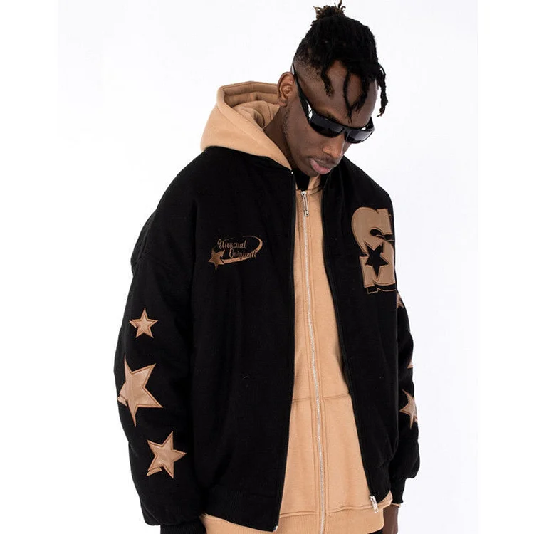 Men's Winter Hip Hop Loose Embroidered Stars Casual Baseball Jackets at Hiphopee