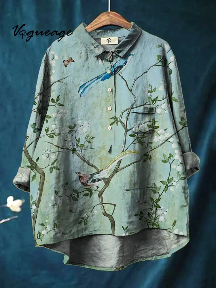 Plum Blossom Bird Print Elegant Cotton And Linen Shirt